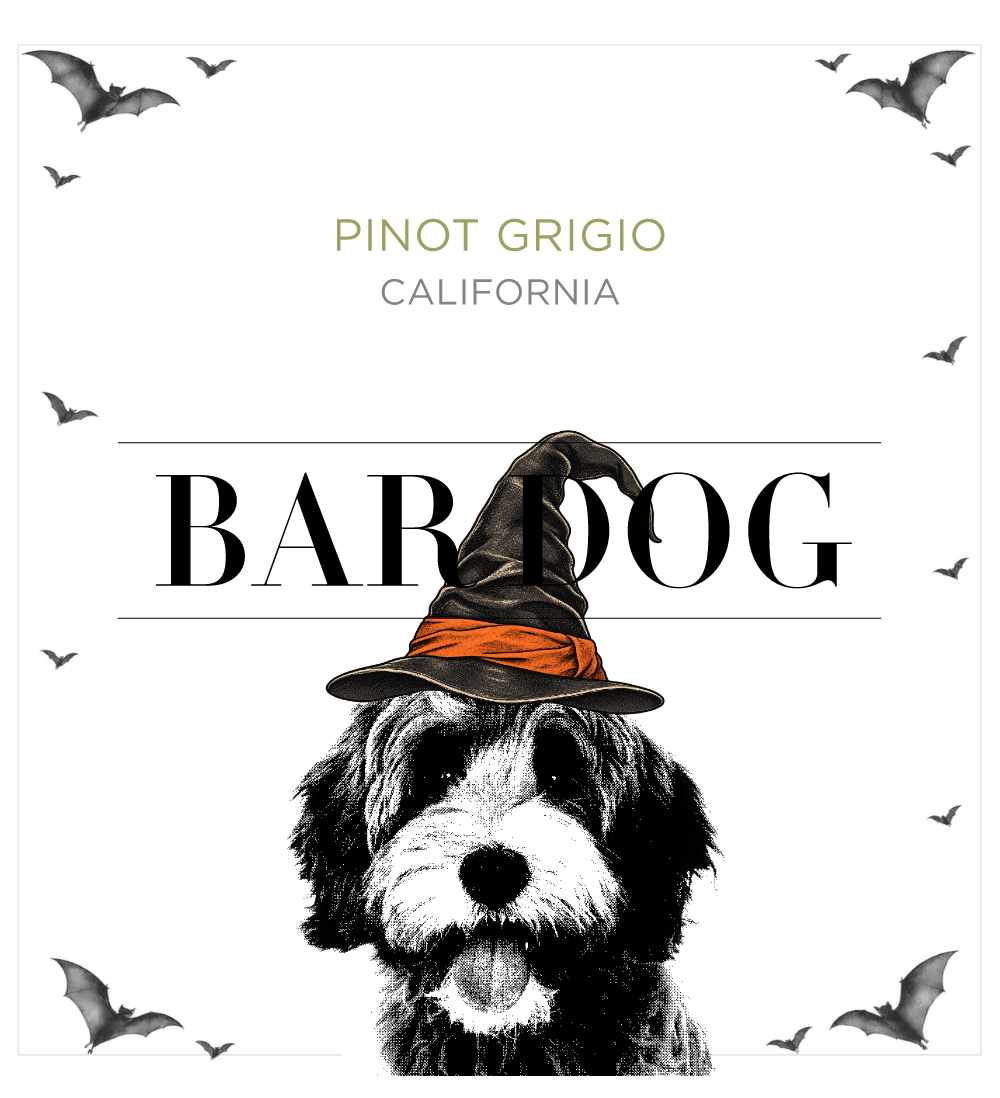Example custom dog label with a witch hat and bat background.